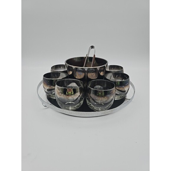 Queen's Luster Silver Fade Bar Set with Roly Poly Glasses Ice Bucket Tray Tongs - Picture 1 of 9